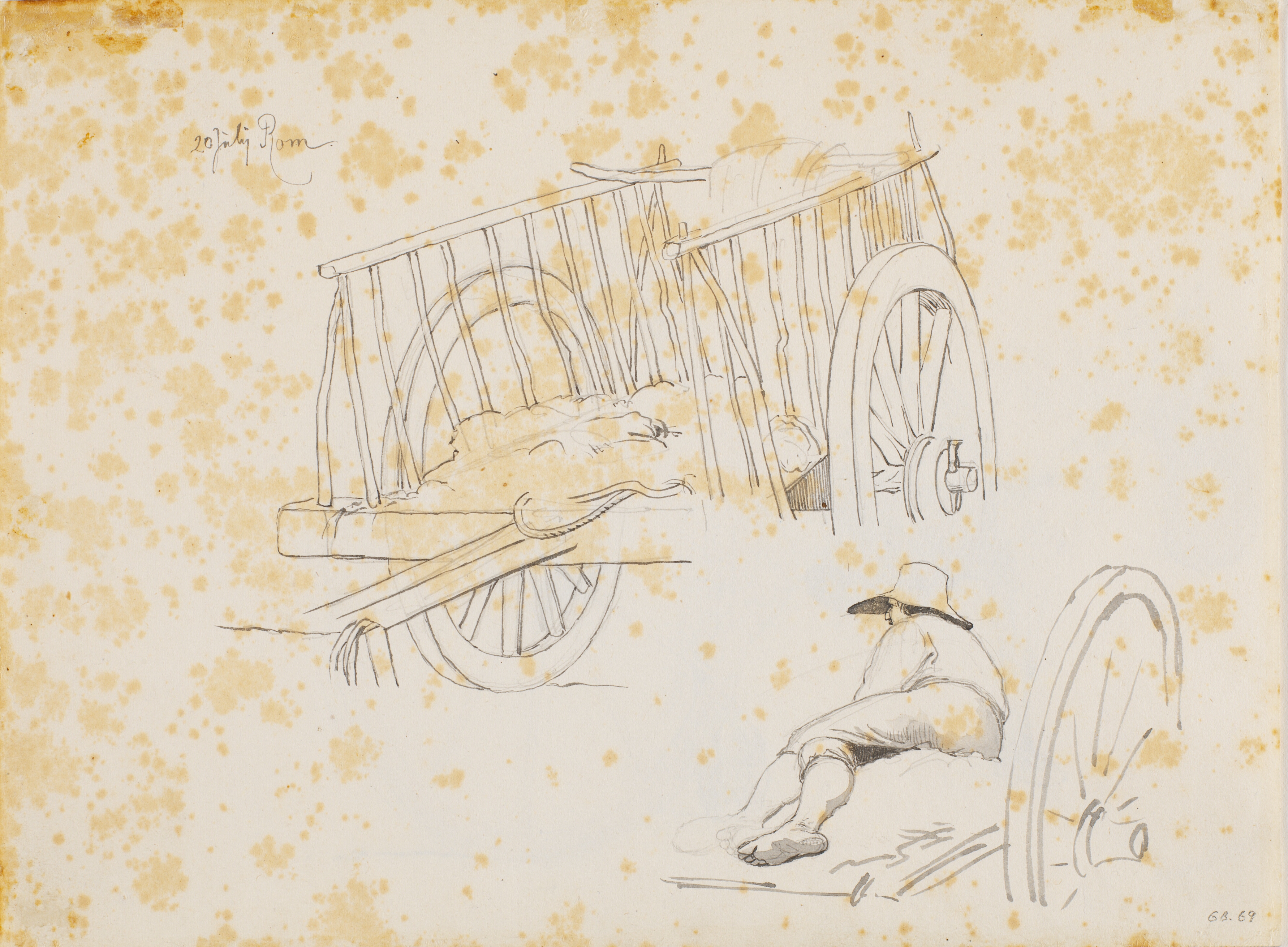 T.h studie af en tohjulet kærre og t.v. studie af en italiener liggende på en kærre